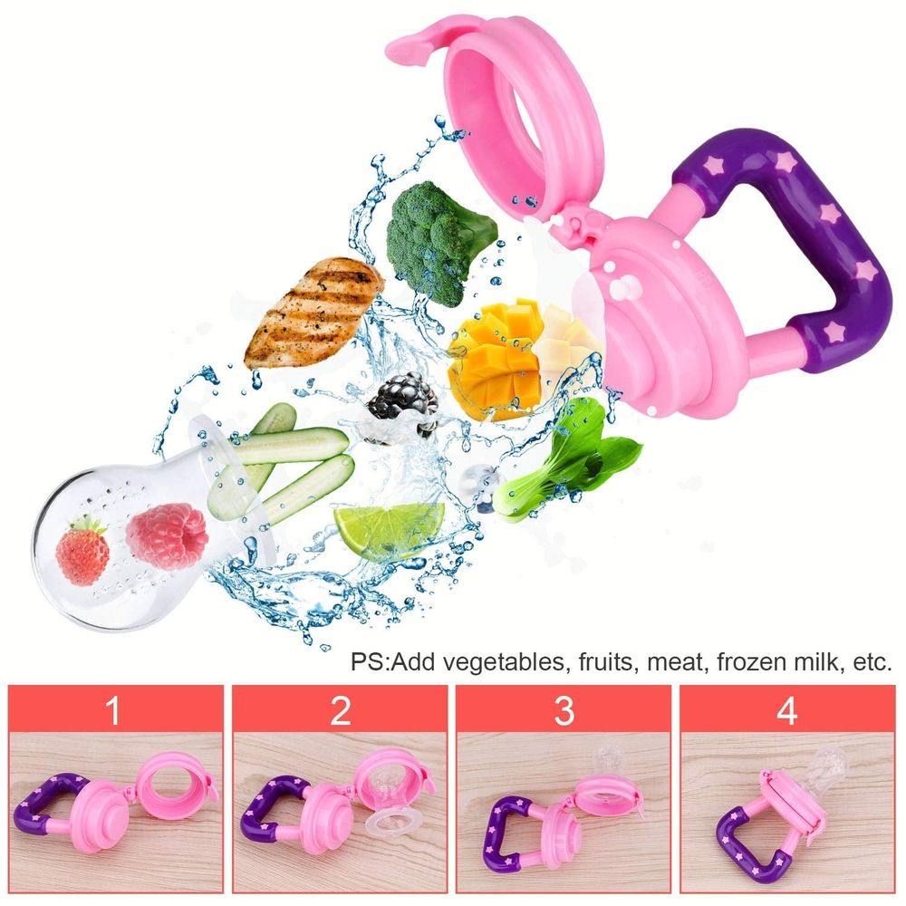 Two baby fruit feeders with soft silicone pouches, ideal for teething and feeding fresh fruit to infants and toddlers.
