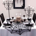 Black lace spider web round tablecloth, 40-inch Halloween table topper for spooky kid's room decor by Everything Baby