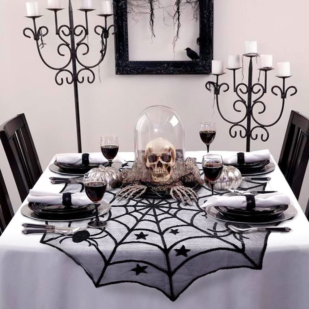 Black lace spider web round tablecloth, 40-inch Halloween table topper for spooky kid's room decor by Everything Baby