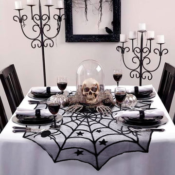 Black lace spider web round tablecloth, 40-inch Halloween table topper for spooky kid's room decor by Everything Baby
