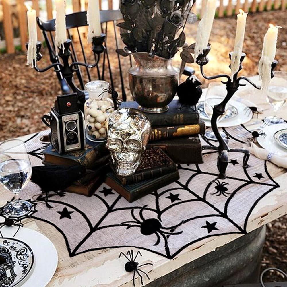 Black lace spider web Halloween tablecloth, 40-inch round, decorative table topper for Halloween celebrations by Everything Baby
