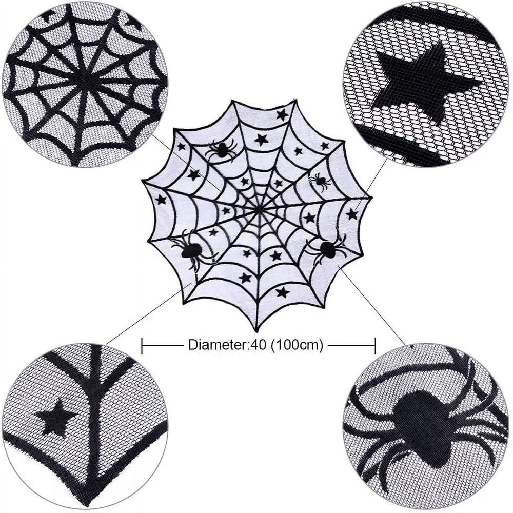 Black lace spider web round tablecloth for Halloween, 40-inch size, decorative table topper for spooky Halloween party decor.