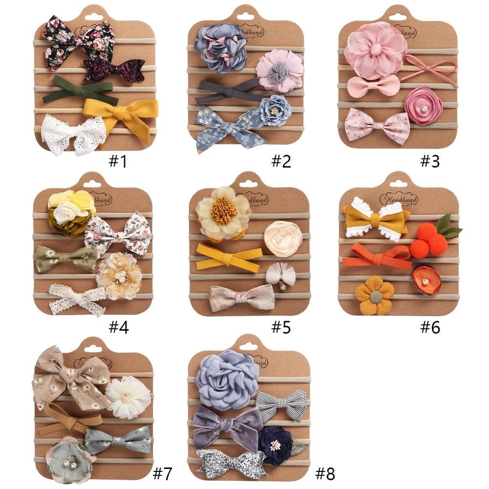 Set of 5 baby headbands with bows, soft nylon elastics, handmade girls hair accessories for newborns, infants, and toddlers.