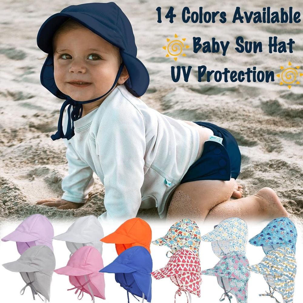Toddler sun hat with wide brim and flap for neck and eyes, UPF 50+ sun protection, designed for children aged 0-5 years.