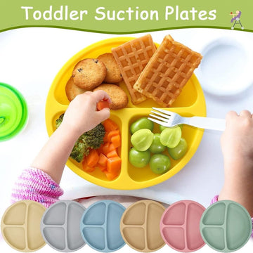 Silicone baby suction plate with divided sections from Everything Baby, microwave and dishwasher safe, ideal for toddler feeding.