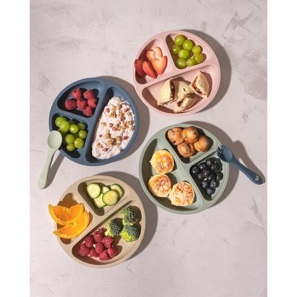 Silicone baby suction plate with divided sections for toddlers, microwave and dishwasher safe, ideal for kids' feeding.
