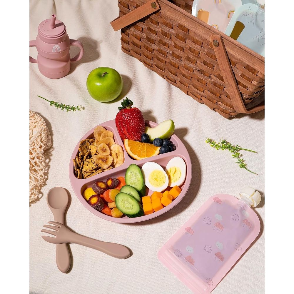 Silicone baby suction plates with divided sections for toddlers, microwave and dishwasher safe, ideal for kids’ feeding by Everything Baby.