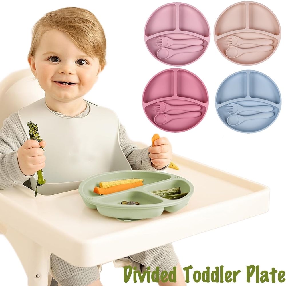 Suction baby plate with spoon and fork set from Everything Baby, divided silicone toddler feeding set for boys and girls.