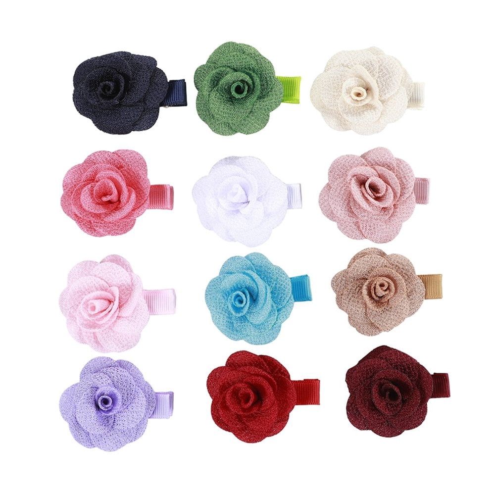 Set of 14 floral baby hair clips and barrettes with rose designs, fully lined for infants, baby girls, and toddlers.