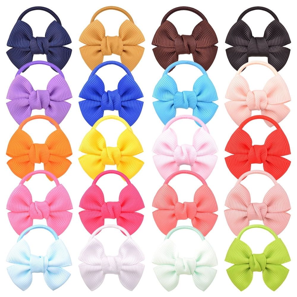Set of 20 small baby hair ties with bows for girls, toddler ponytail holders, colorful elastic hair accessories for kids.
