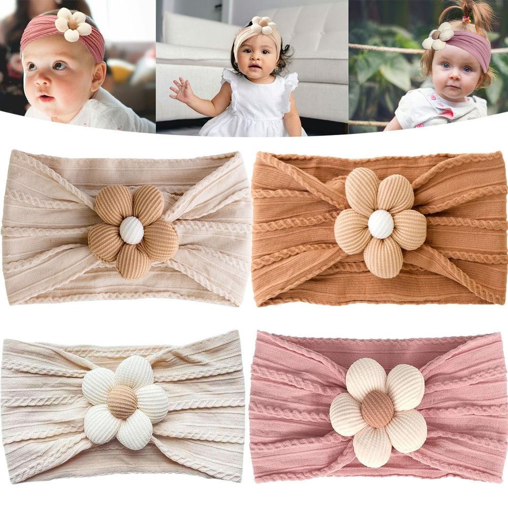 Set of four baby flower headbands with nylon infant bows for newborn girls and toddlers, ideal for baby and toddler clothing accessories.