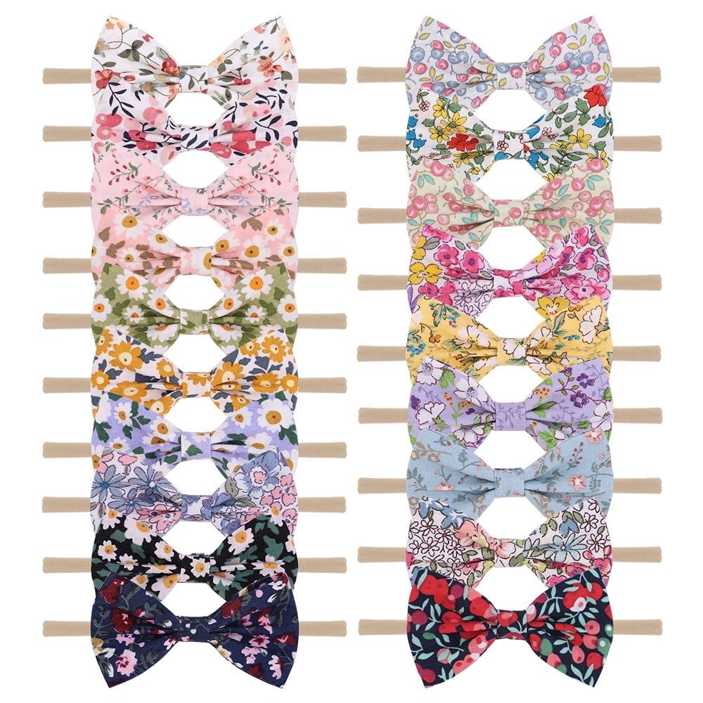 19pcs Baby Girls floral hair bow headbands by Everything Baby, stretchy elastic flower bows for newborns and toddlers.