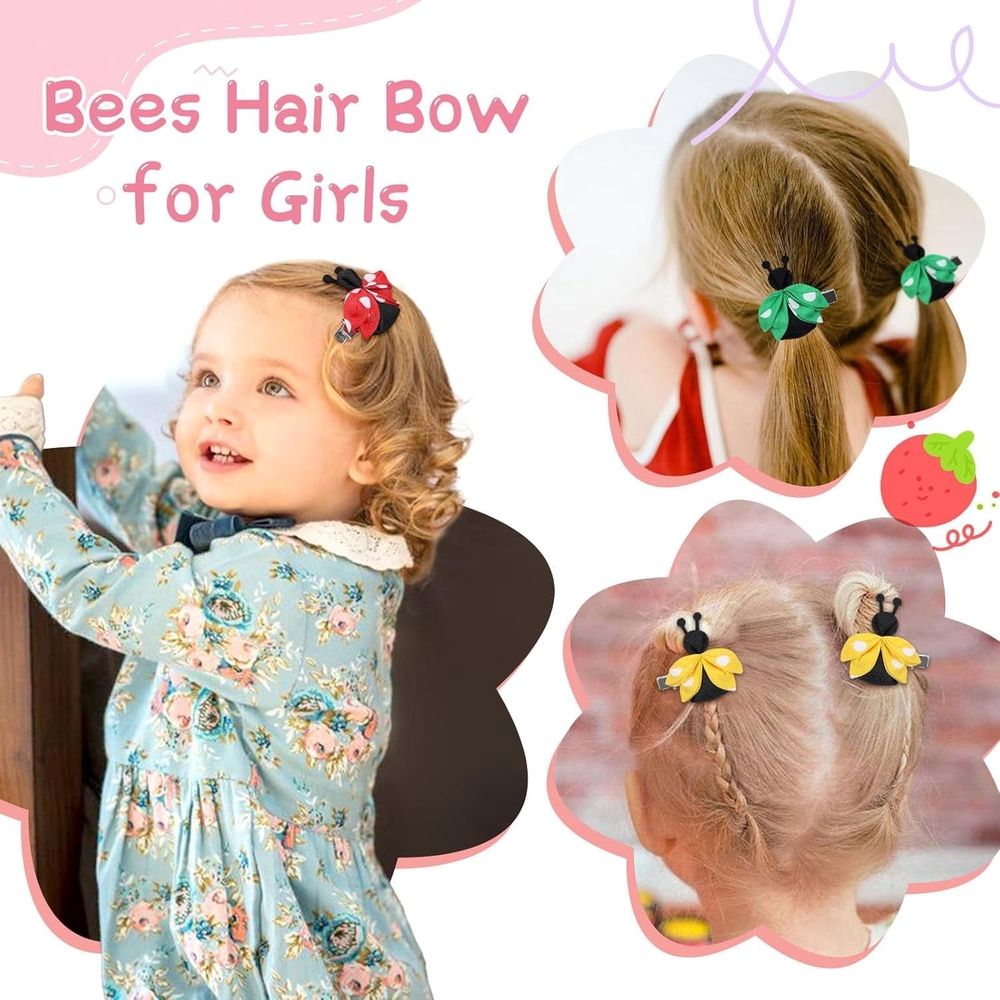 Eight cute baby hair bows clips featuring bees and ladybugs, perfect for toddler and infant girls' hair accessories by Everything Baby.