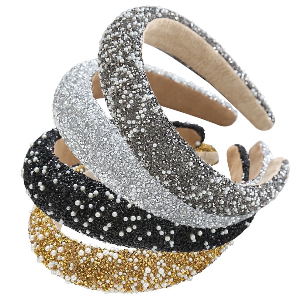 Silver rhinestone pearl headband with padded wide design, bling crystal accents, perfect for girls and women, stylish hair accessory