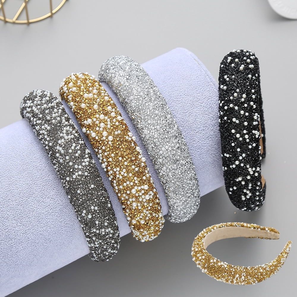 Silver rhinestone pearl headband with padded wide design, bling crystal accents, perfect for girls and women.