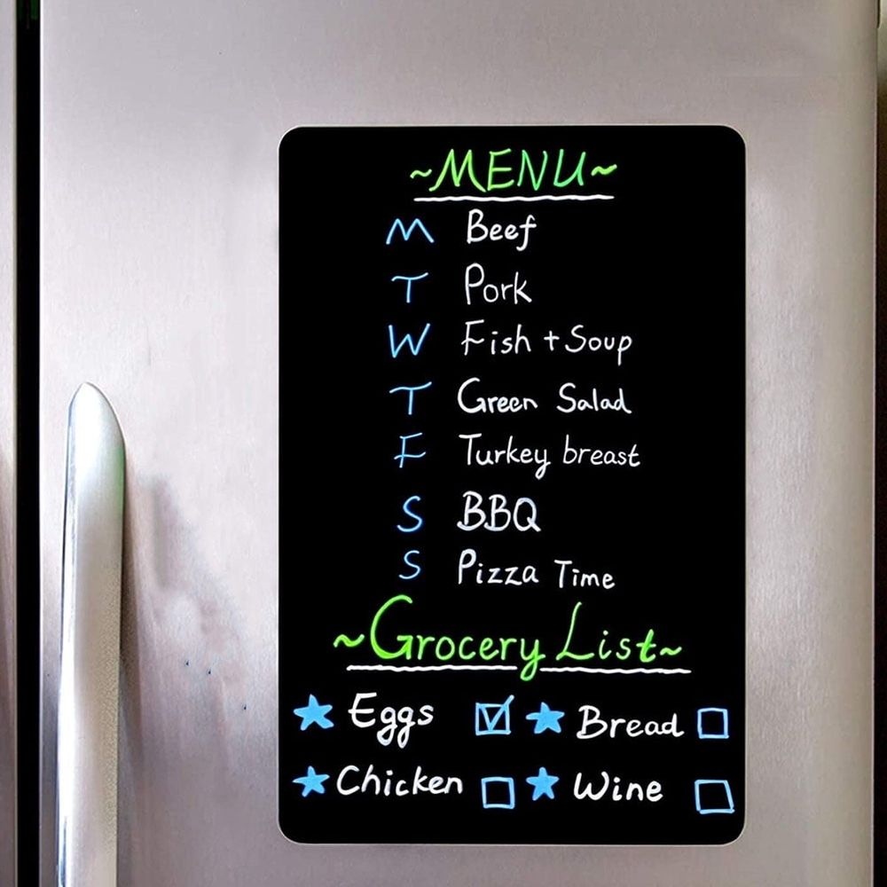 Magnetic mini chalkboard set for fridge, writable and erasable, suitable for home use, from Everything Baby, in a playful building toy style.