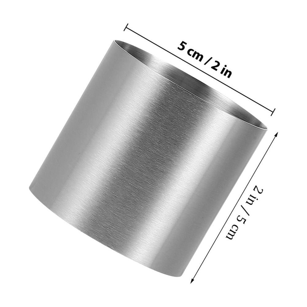 Set of 8 stainless steel silver cake mold rings for baking and dessert making, ideal for pretend play with kids.
