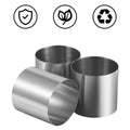 Set of 8 stainless steel silver cake mold rings for dessert baking, suitable for pretend play with kids or baking activities.