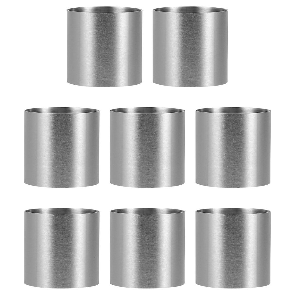 Set of 8 stainless steel silver cake mold rings from Everything Baby, ideal for pretend play and dessert baking in kids' toy set