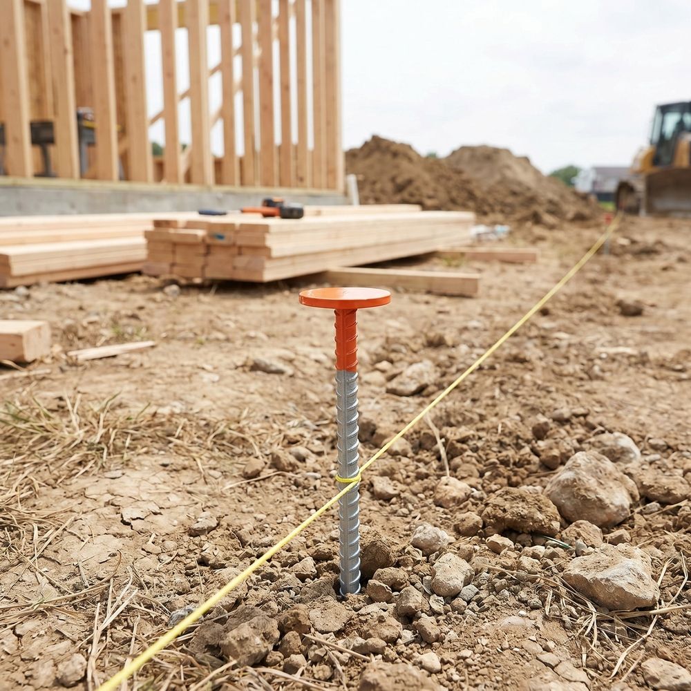 Heavy-duty metal survey marker stake for ground markings, used in construction and outdoor play setups by Everything Baby.