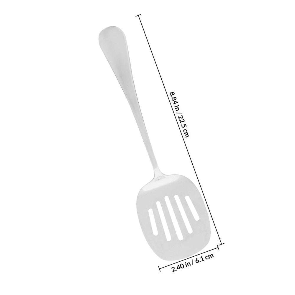 Stainless steel metal slotted shovel with silver plating, ideal for outdoor play and kitchen use, by Everything Baby.