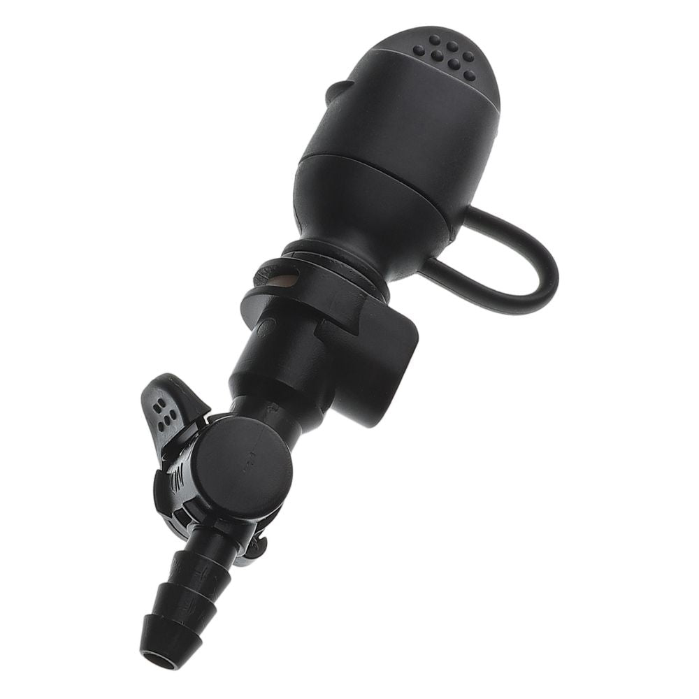 Black silicone hydration bladder mouthpiece with high-flow antifreeze valve and detachable dust cover for baby and kid nursing kits.