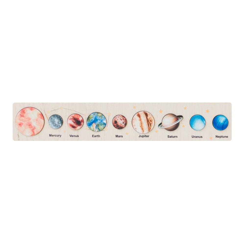 Wooden solar system puzzle with planets and space-themed pieces, ideal for kids' STEM learning and sensory play.