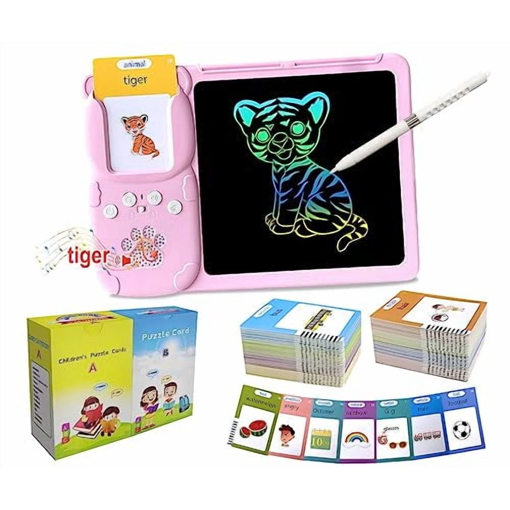 Pink toddler talking flash cards with drawing tablet for kindergarten learning, sensory play, and speech development for kids ages 2-6.