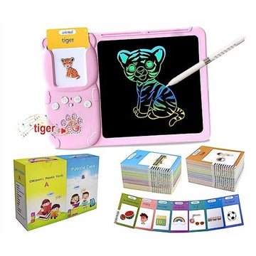 Pink toddler talking flash cards with drawing tablet for kindergarten learning, sensory play, and speech development for kids ages 2-6.