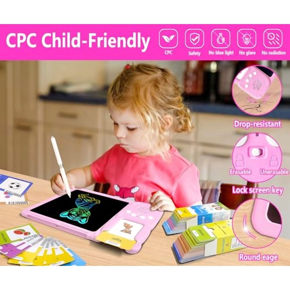 Pink toddler talking flash cards with drawing tablet for kindergarten learning, sensory play, and speech development for kids ages 2-6.