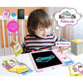 Pink toddler talking flash cards with drawing tablet for speaking and doodling, sensory toy for kids with autism, ages 2-6.