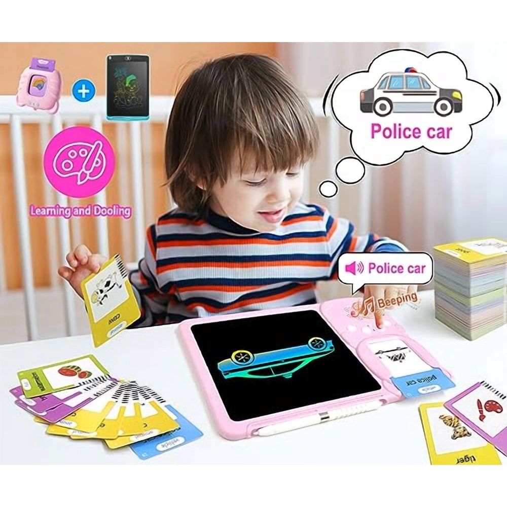 Pink toddler talking flash cards with drawing tablet for speaking and doodling, sensory toy for kids with autism, ages 2-6.