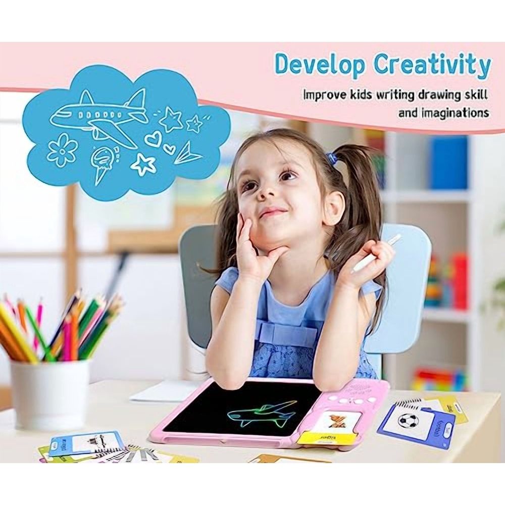 Pink toddler talking flash cards with drawing tablet for kindergarten learning, designed for kids with autism, ages 2 to 6.