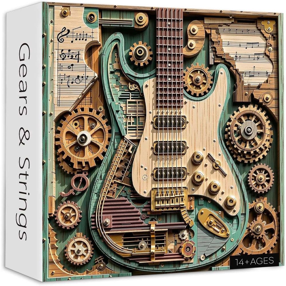 Vintage steampunk guitar jigsaw puzzle by Everything Baby, 1000-piece mechanical guitar puzzle for adults and creative home decor.