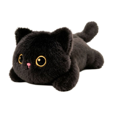 Black plush cat stuffed animal with weighted beads, soft cuddle pillow, perfect for kids and cat lovers.