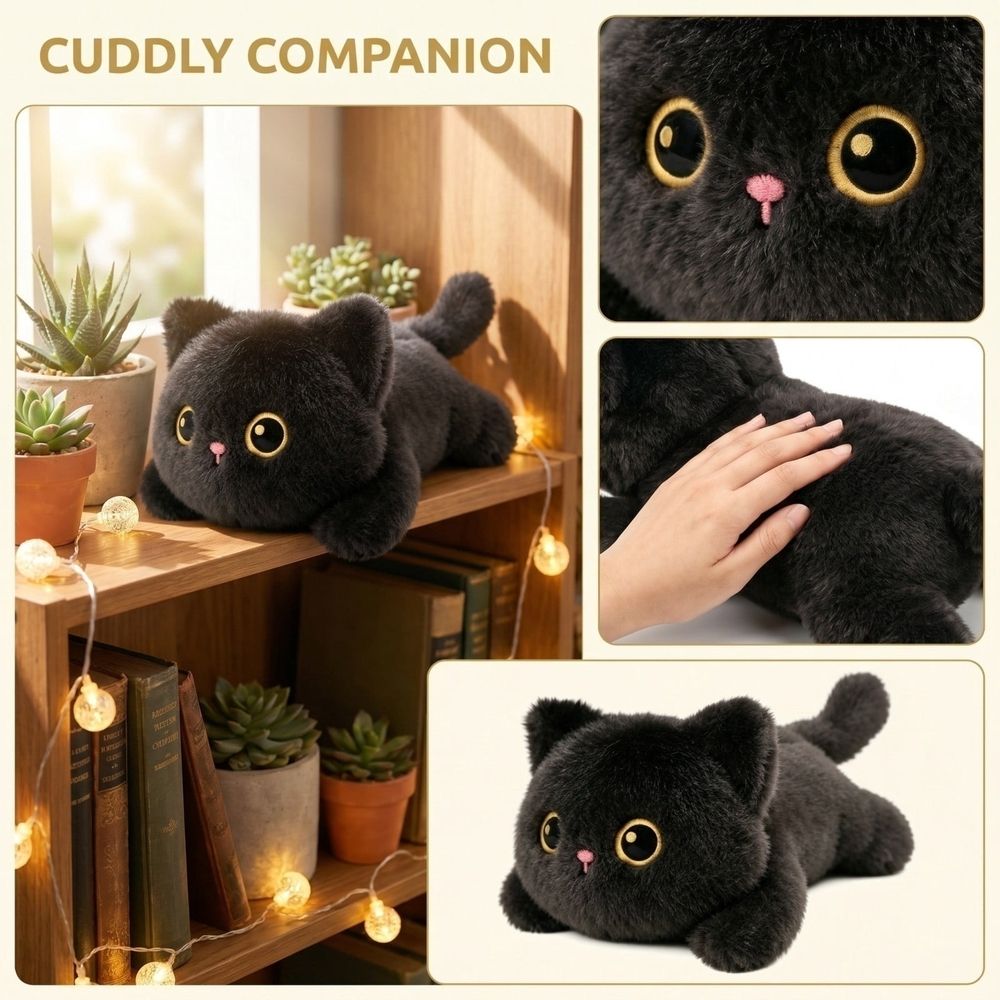 Black cat stuffed animal plush toy with weighted beads, soft short plush cuddle pillow for kids and cat lovers.