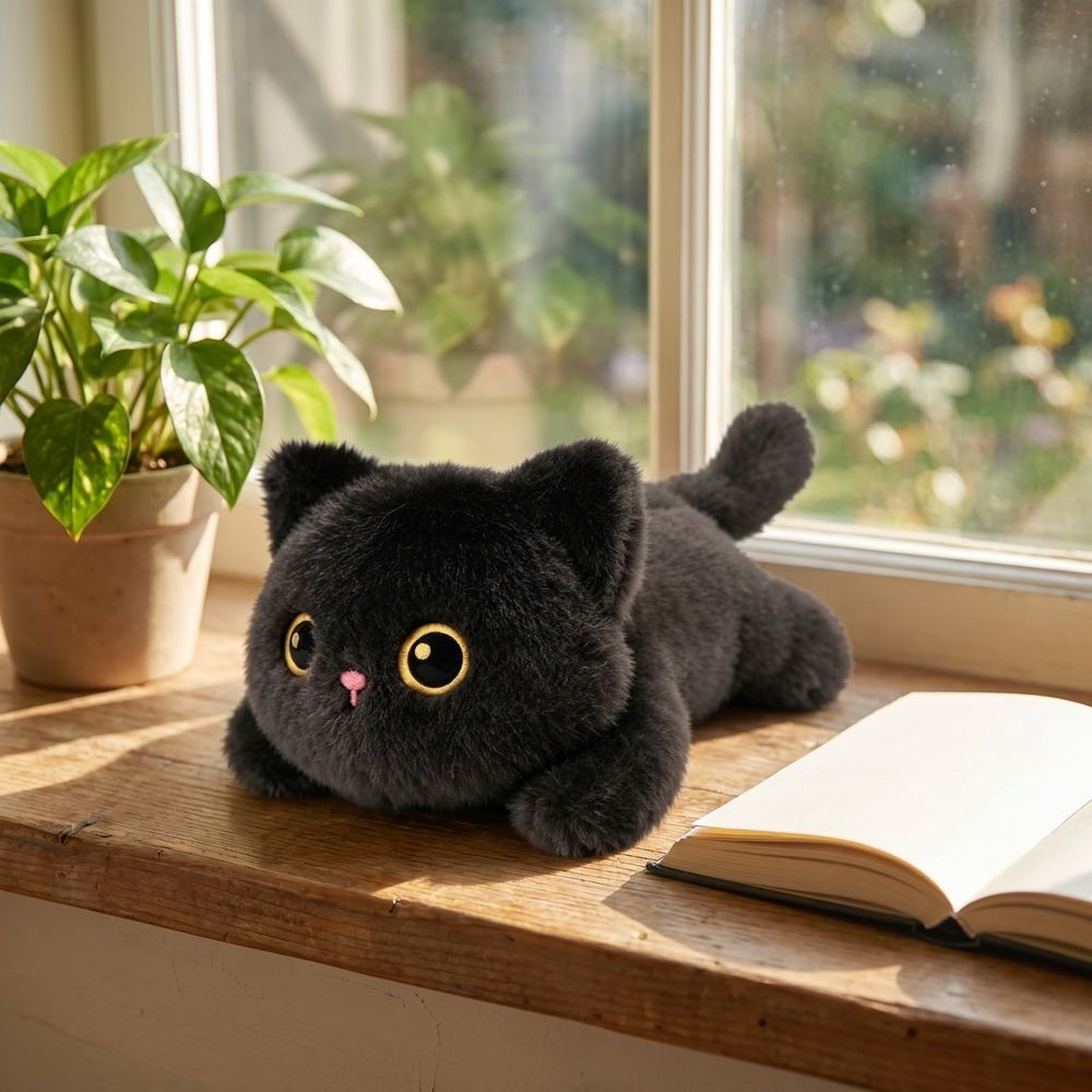 Black cat stuffed animal plush toy with weighted beads, soft cuddle pillow for kids and adults, cute plushie for gift-giving.