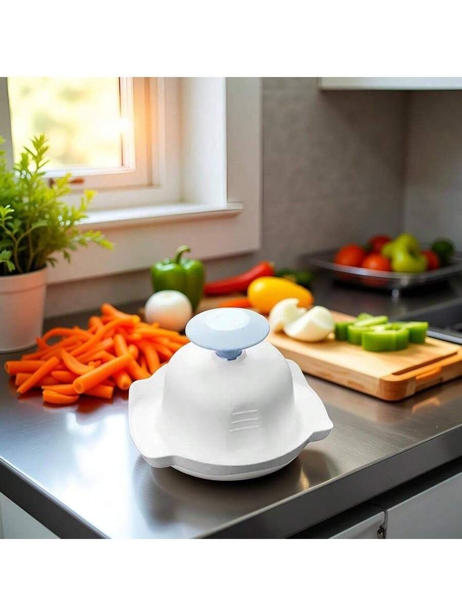 Blue food safety holder for mandolin slicers and graters, prevents cuts during vegetable slicing and grating in the kitchen.