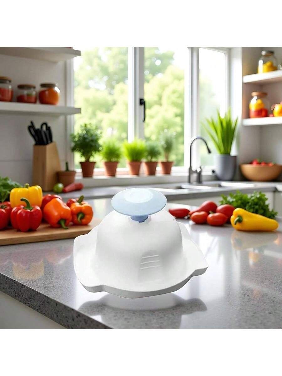 Blue food safety holder and finger guard for mandolin slicer, protects fingers during vegetable grating and slicing in the kitchen.