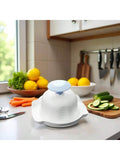 Blue food safety holder for mandolin slicers and graters, with finger guard to prevent cuts during vegetable slicing and grating.