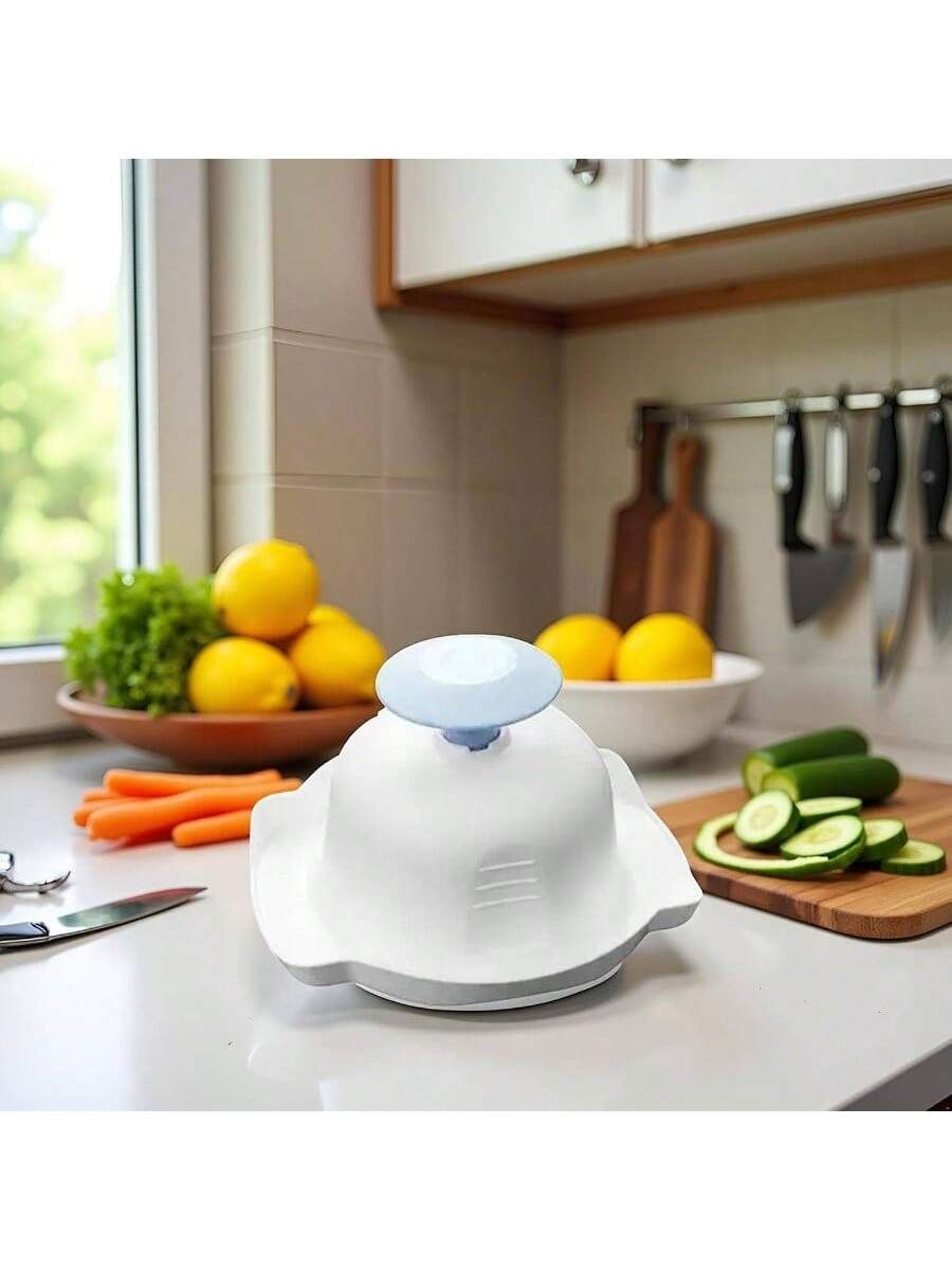 Blue food safety holder for mandolin slicers and graters, with finger guard to prevent cuts during vegetable slicing and grating.
