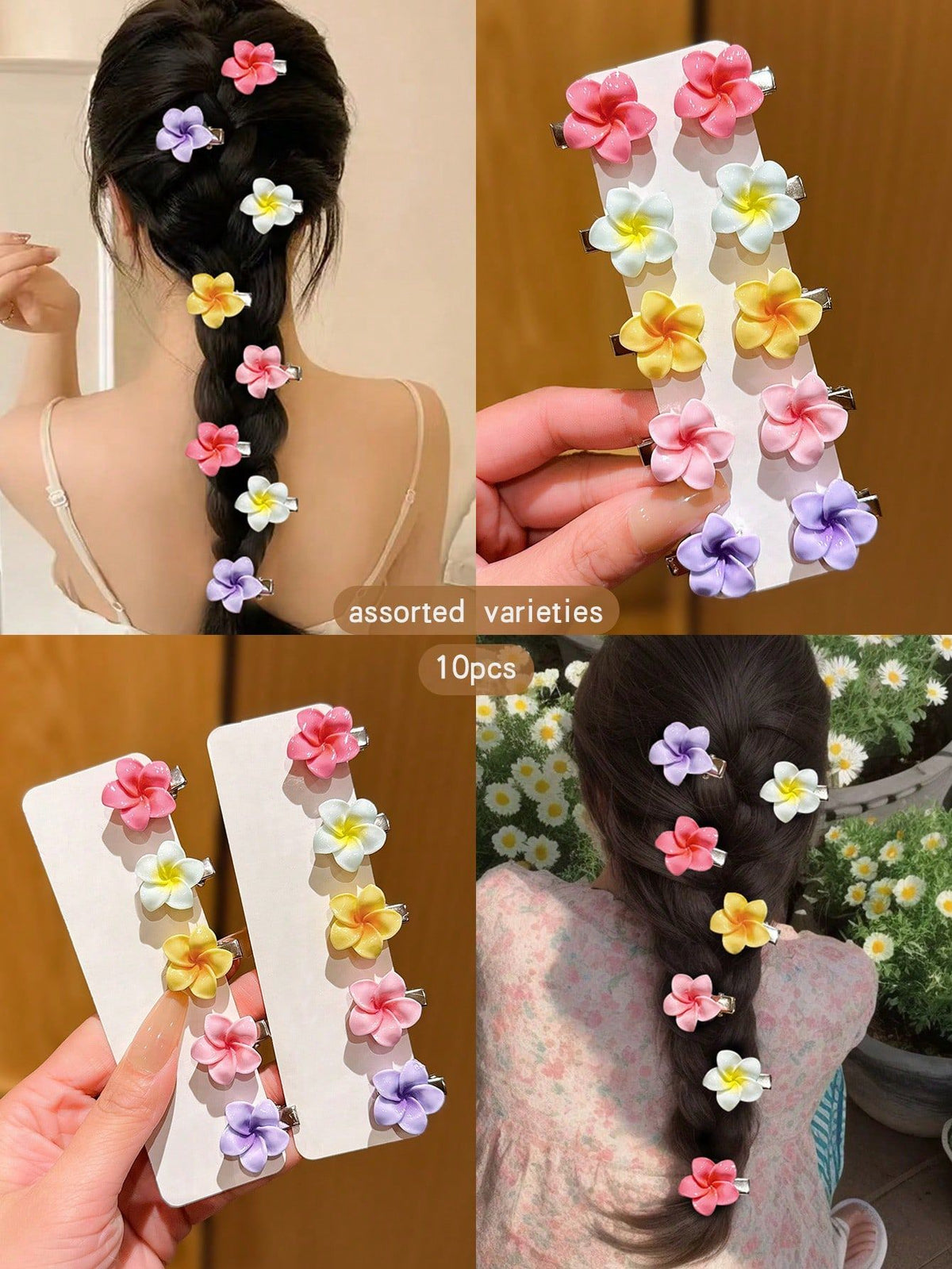 Set of 10 colorful flower hair clips for girls, cute claw hair accessories perfect for daily wear and vacation outfits.