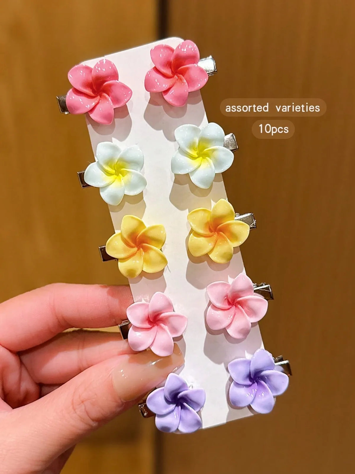 Set of 10 colorful flower hair clips for girls, cute style, suitable for daily wear and vacation outfits.