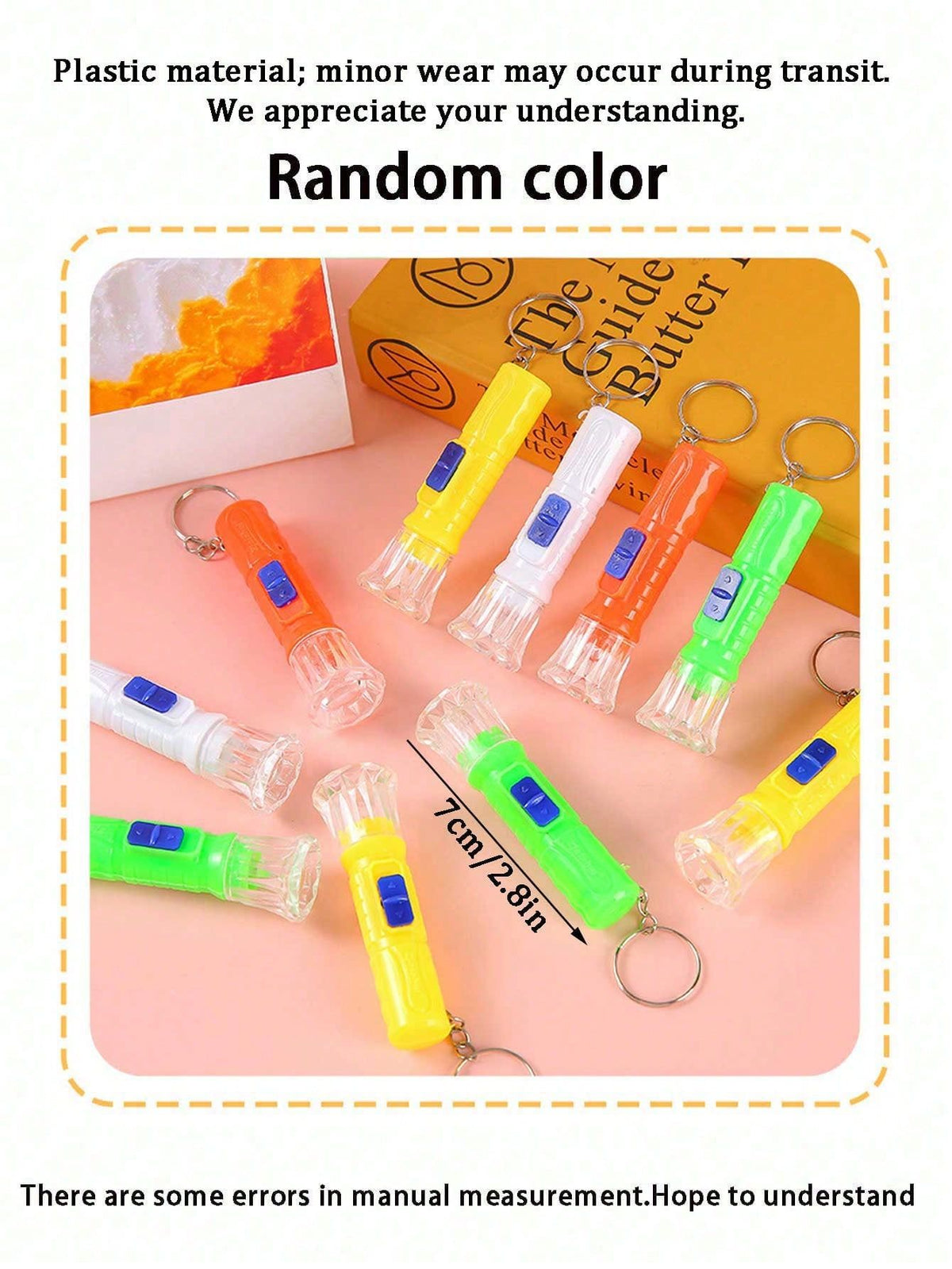 12-pack mini LED flashlights with keychain pendant, in orange, yellow, green, and white, perfect for party favors and classroom prizes.