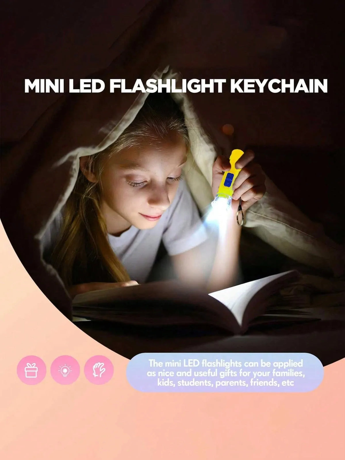 Mini LED flashlights keychain pendants in four colors, perfect for kids' party favors and classroom prizes, battery operated.