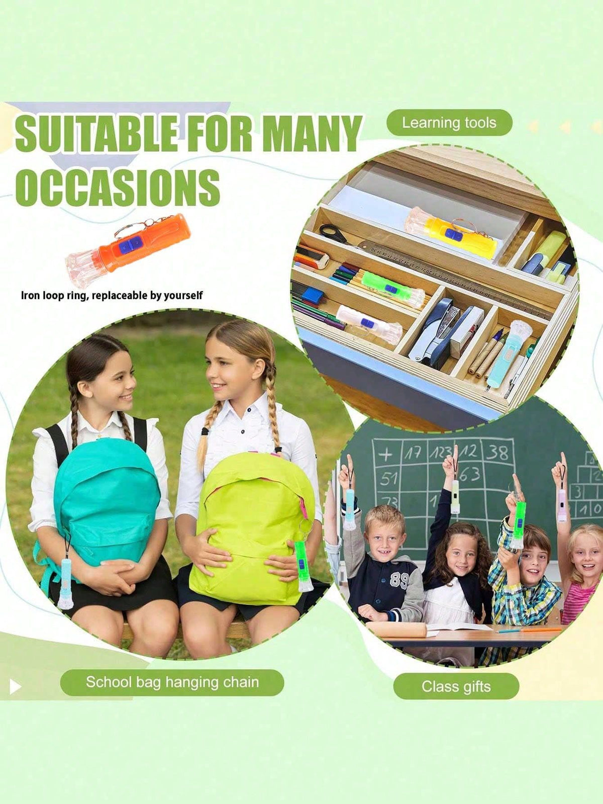 Mini LED flashlights by Everything Baby, 12-pack with keychain pendants in four colors, battery-operated, ideal for kids' party favors.