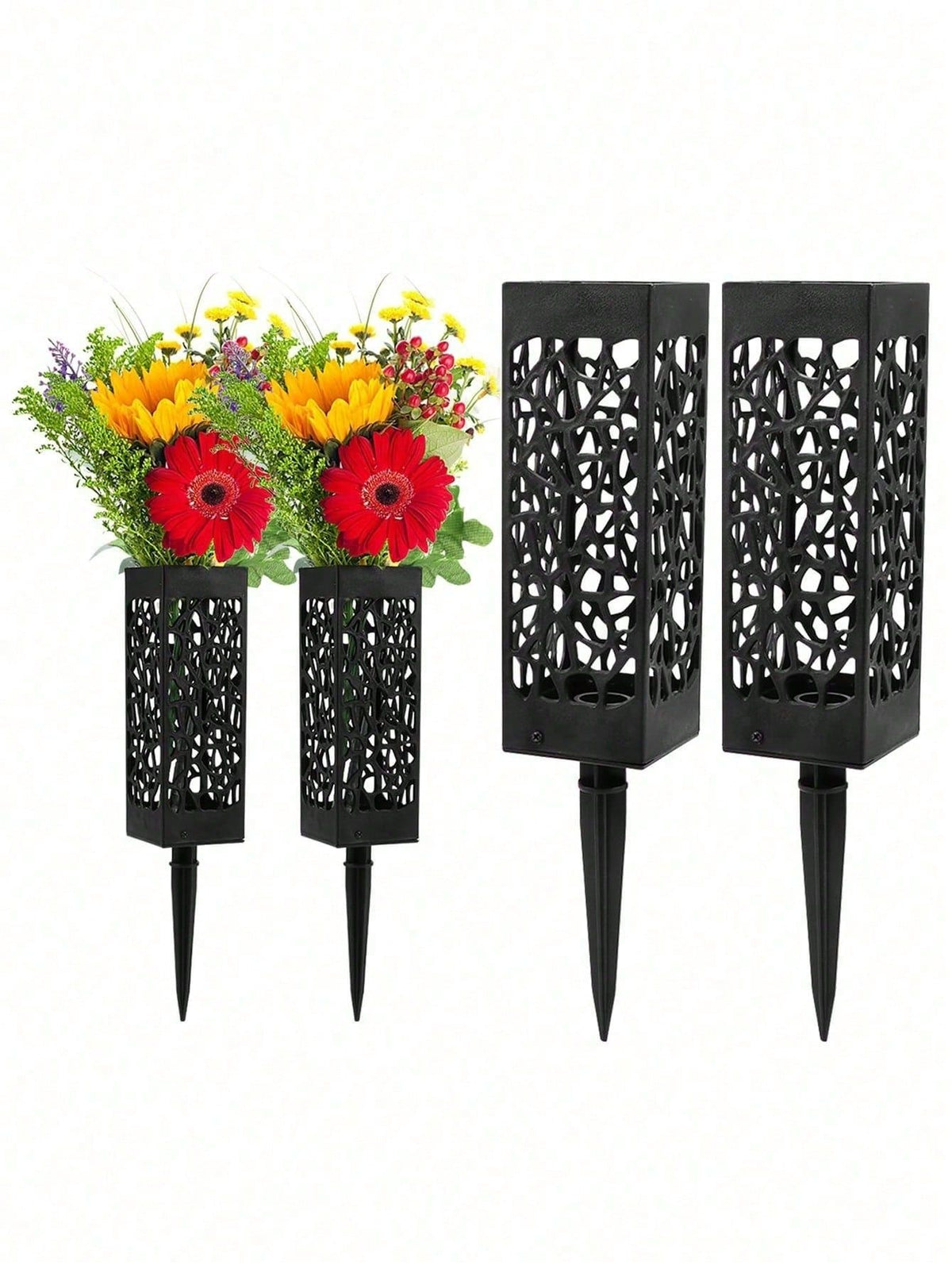 Weather-resistant 4-piece memorial flower stand set for graves, sturdy cemetery flower holders for outdoor memorial decoration.