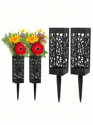 Weather-resistant 4-piece memorial flower stand set for graves, sturdy cemetery flower holders for outdoor memorial decoration.