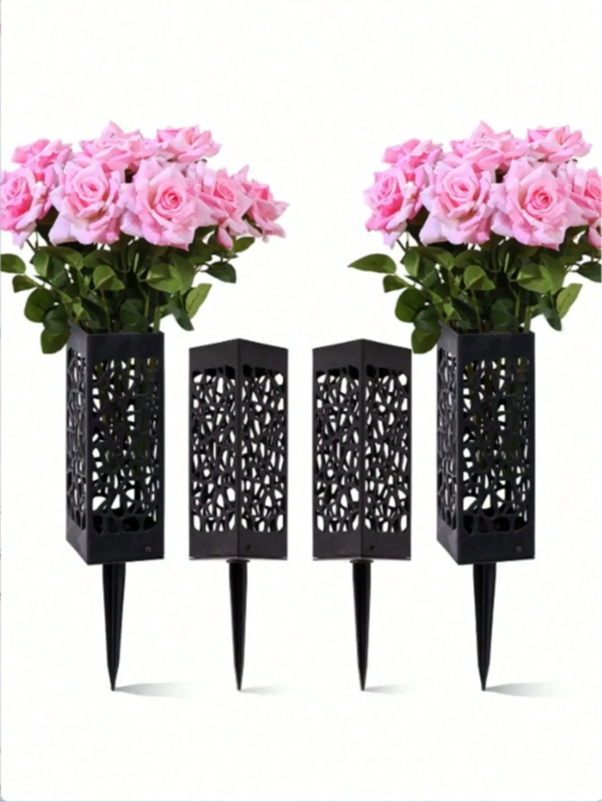 Weather-resistant 4-piece memorial flower stand set with sturdy grave vases for outdoor cemetery decoration and memorial tributes.