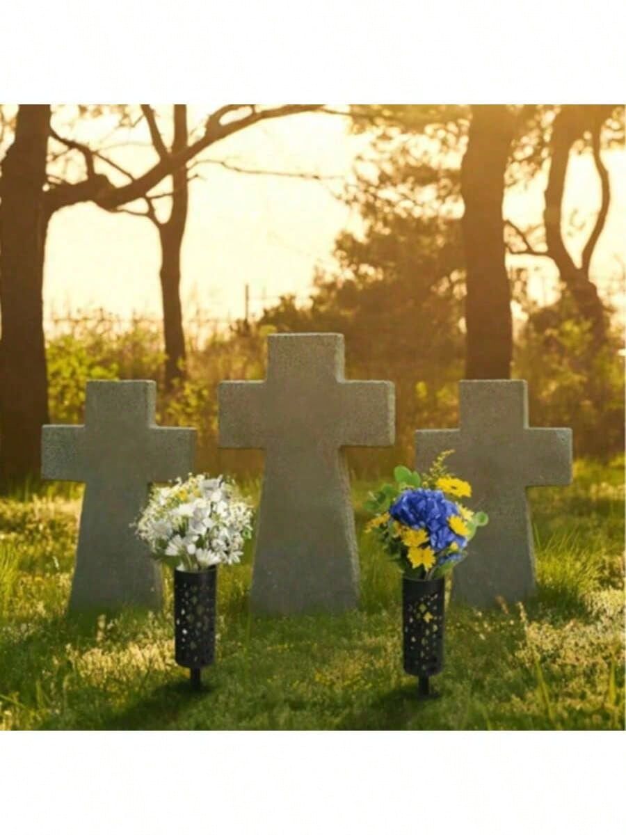 Weather-resistant memorial flower stand with four sturdy grave vases for outdoor cemetery decoration and tribute.